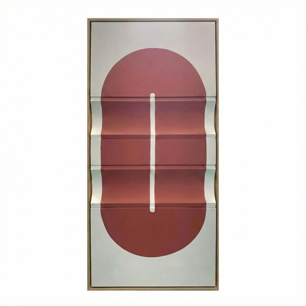 Minimalist hand-painted canvas featuring bold geometric shapes in deep burgundy and cream tones, contemporary interior