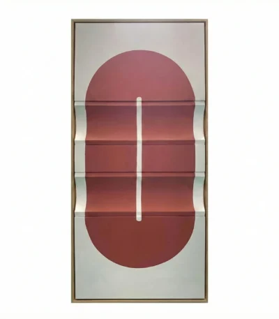Minimalist hand-painted canvas featuring bold geometric shapes in deep burgundy and cream tones, contemporary interior