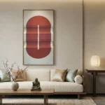 Minimalist hand-painted canvas featuring a bold terracotta circle with horizontal white lines and shelving effect, warm neutral palette, contemporary living space
