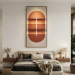 Contemporary abstract hand-painted canvas with terracotta dome and horizontal shelving in warm earth tones, modern bedroom