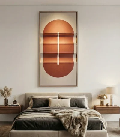 Contemporary abstract hand-painted canvas with terracotta dome and horizontal shelving in warm earth tones, modern bedroom