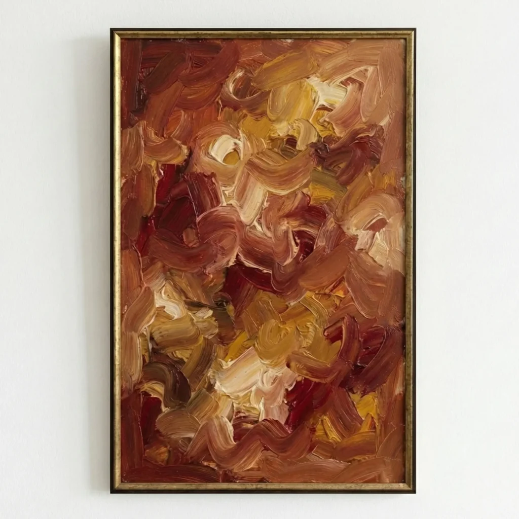 Gestural abstract hand-painted canvas in warm terracotta, ochre, and cream brushstrokes with layered expressionist movement