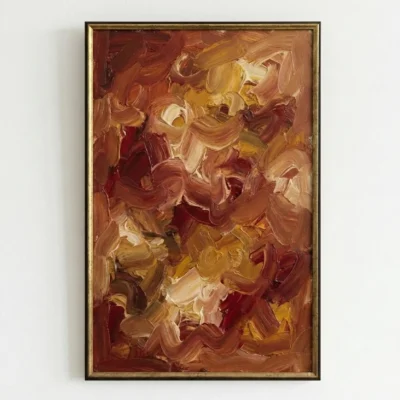 Gestural abstract hand-painted canvas in warm terracotta, ochre, and cream brushstrokes with layered expressionist movement