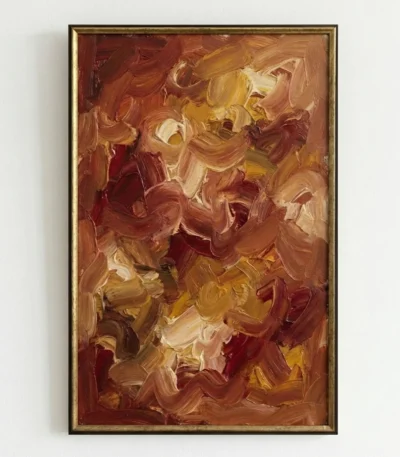 Gestural abstract hand-painted canvas in warm terracotta, ochre, and cream brushstrokes with layered expressionist movement
