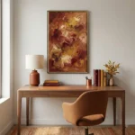Gestural abstract expressionist hand-painted canvas in warm terracotta, burgundy, and golden ochre tones, contemporary workspace