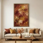 Gestural abstract expressionist hand-painted canvas in warm terracotta, gold, and crimson brushstrokes, contemporary living space