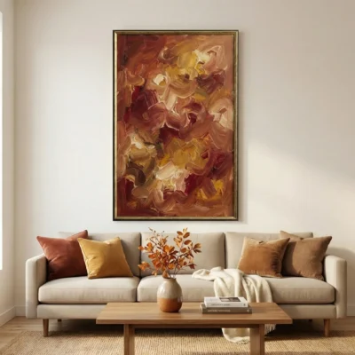 Gestural abstract expressionist hand-painted canvas in warm terracotta, gold, and crimson brushstrokes, contemporary living space
