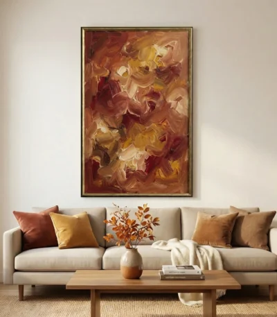 Gestural abstract expressionist hand-painted canvas in warm terracotta, gold, and crimson brushstrokes, contemporary living space