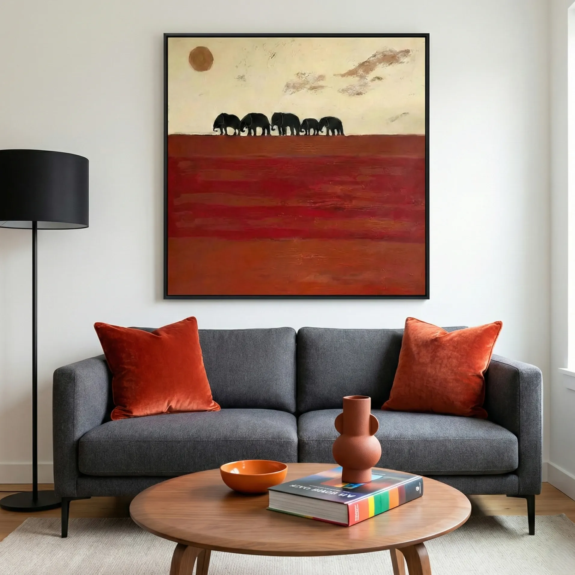 Crimson Horizon Elephants walk on red textured earth Textured art wall decor (2) Minimalist hand-painted canvas depicting silhouetted elephants crossing terracotta plains beneath a golden sun, contemporary living space