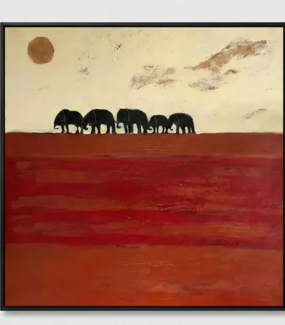 Contemporary hand-painted canvas depicting five elephants silhouetted against rust and deep crimson landscape beneath golden sun