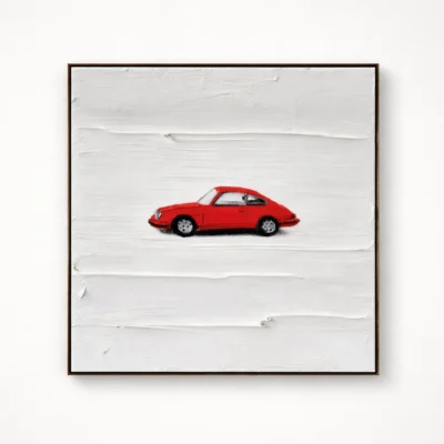 Minimalist hand-painted canvas featuring a red vintage car against textured white brushstrokes, contemporary living space