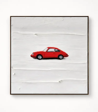 Minimalist hand-painted canvas featuring a red vintage car against textured white brushstrokes, contemporary living space