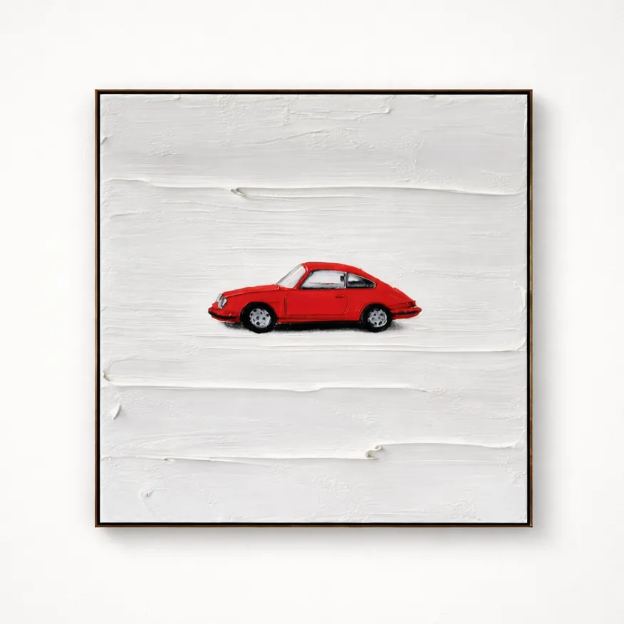 Minimalist hand-painted canvas featuring a red vintage car against textured white brushstrokes, contemporary living space