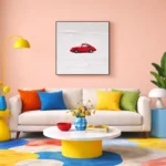Minimalist hand-painted canvas depicting a red vintage sports car in profile against white, contemporary living space