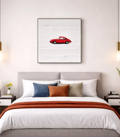 Minimalist hand-painted canvas featuring a solitary red sports car on white textured background, contemporary bedroom