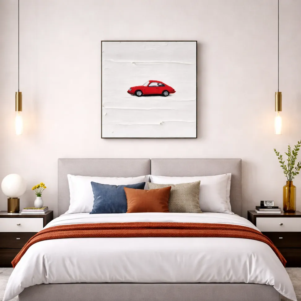 Minimalist hand-painted canvas featuring a solitary red sports car on white textured background, contemporary bedroom