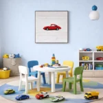 Minimalist hand-painted canvas featuring a solitary red sports car on cream textured background, playroom setting