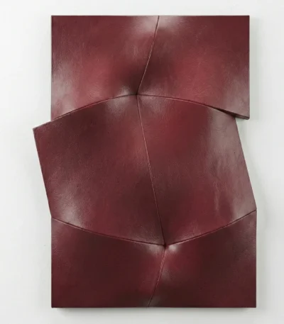 Textured abstract hand-painted canvas in deep burgundy and mauve with geometric folded planes, contemporary wall space