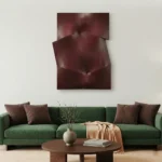 Textured abstract hand-painted canvas in deep burgundy and charcoal tones, contemporary living space