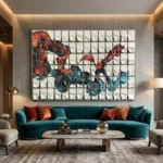 Abstract expressionist hand-painted canvas with dynamic red and teal gestural brushstrokes, contemporary living space