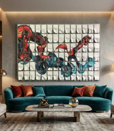 Abstract expressionist hand-painted canvas with dynamic red and teal gestural brushstrokes, contemporary living space