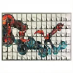 Gestural abstract hand-painted canvas with flowing red and teal brushstrokes, dynamic layered composition, contemporary wall art