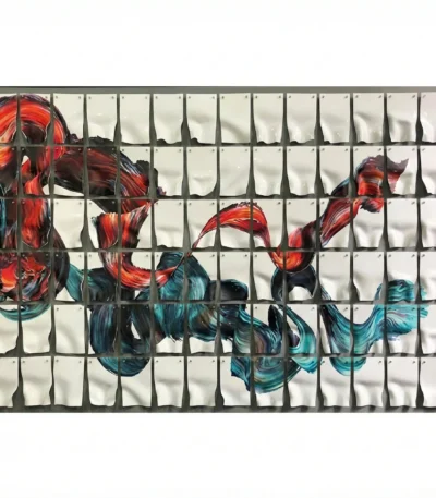 Gestural abstract hand-painted canvas with flowing red and teal brushstrokes, dynamic layered composition, contemporary wall art