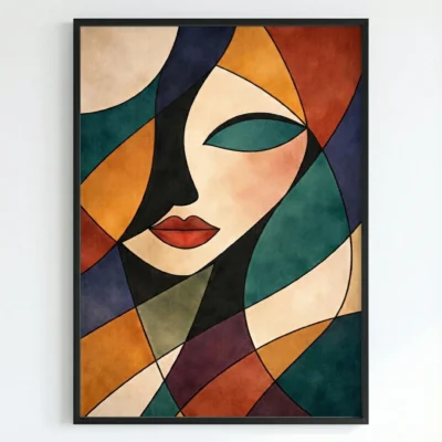 Contemporary figurative wall art featuring an abstract female profile in cream with teal eye, red lips, surrounded by geometric color-block shapes in navy, terracotta, forest green, and ochre