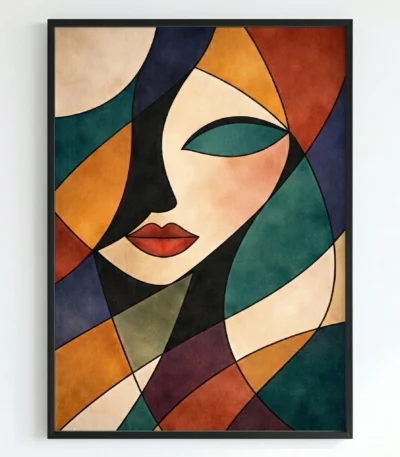 Contemporary figurative wall art featuring an abstract female profile in cream with teal eye, red lips, surrounded by geometric color-block shapes in navy, terracotta, forest green, and ochre