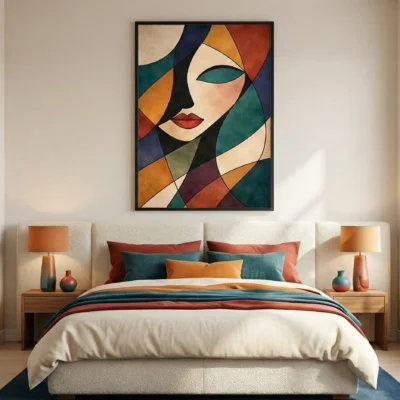 Contemporary figurative hand-painted canvas with bold geometric abstraction, featuring a stylized face in rich teals, burnt oranges, and deep crimsons, modern bedroom