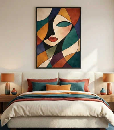 Contemporary figurative hand-painted canvas with bold geometric abstraction, featuring a stylized face in rich teals, burnt oranges, and deep crimsons, modern bedroom