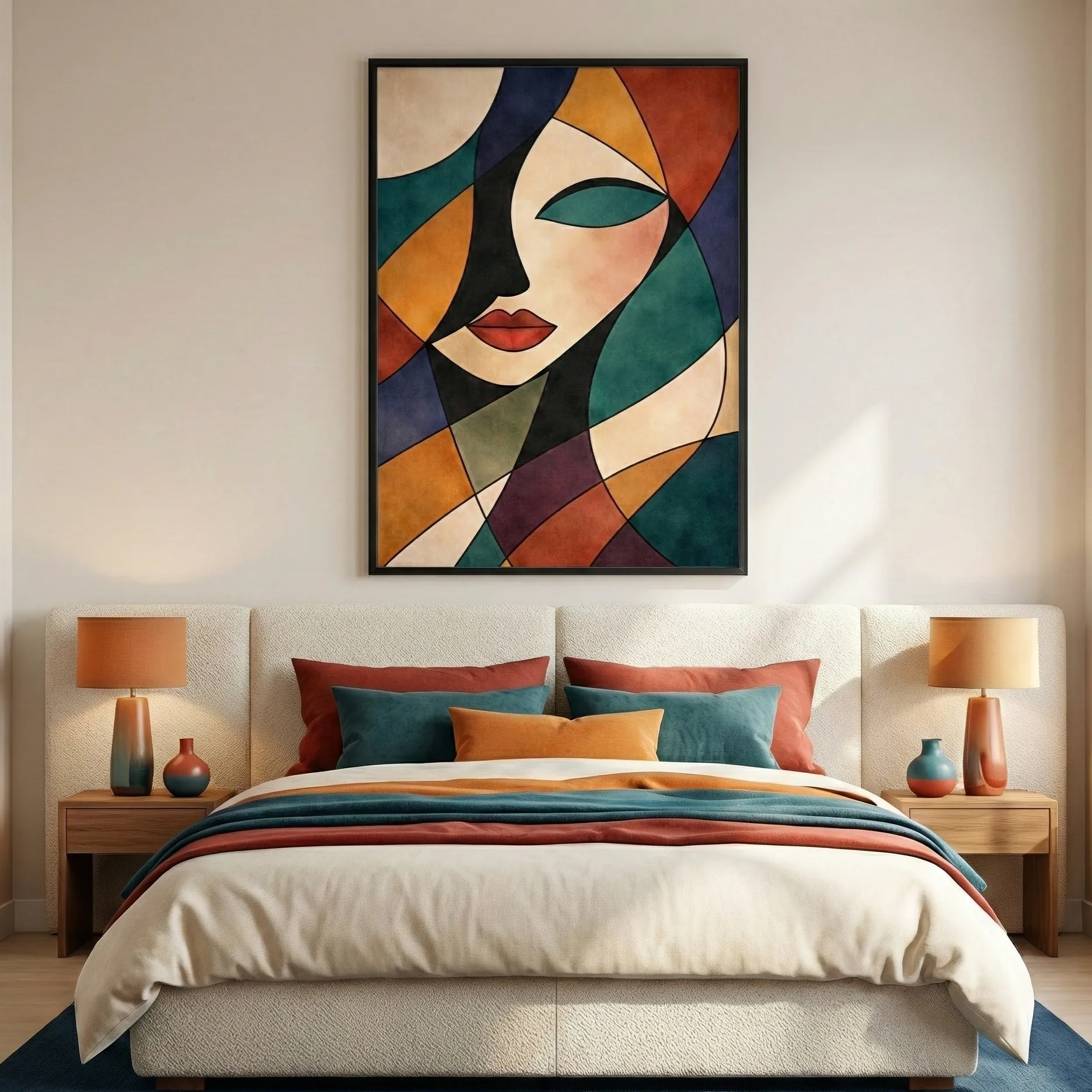 Cubist Muse Abstract portrait with rich, warm hues abstract wall art (2) Contemporary figurative hand-painted canvas with bold geometric abstraction, featuring a stylized face in rich teals, burnt oranges, and deep crimsons, modern bedroom