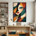 Cubist hand-painted canvas featuring an abstract portrait in bold geometric shapes, rich jewel tones and warm earth hues, contemporary office space