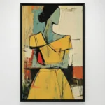 Contemporary figurative hand-painted canvas depicting an abstracted figure in yellow and teal tones with bold black outlines