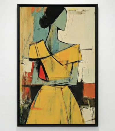 Contemporary figurative hand-painted canvas depicting an abstracted figure in yellow and teal tones with bold black outlines