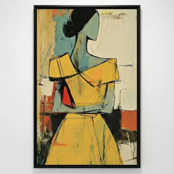 Contemporary figurative hand-painted canvas depicting an abstracted figure in yellow and teal tones with bold black outlines