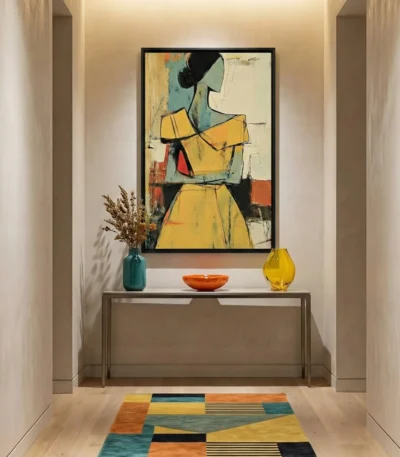 Contemporary figurative hand-painted canvas with bold yellow dress and abstracted form in layered earth tones, modern entryway