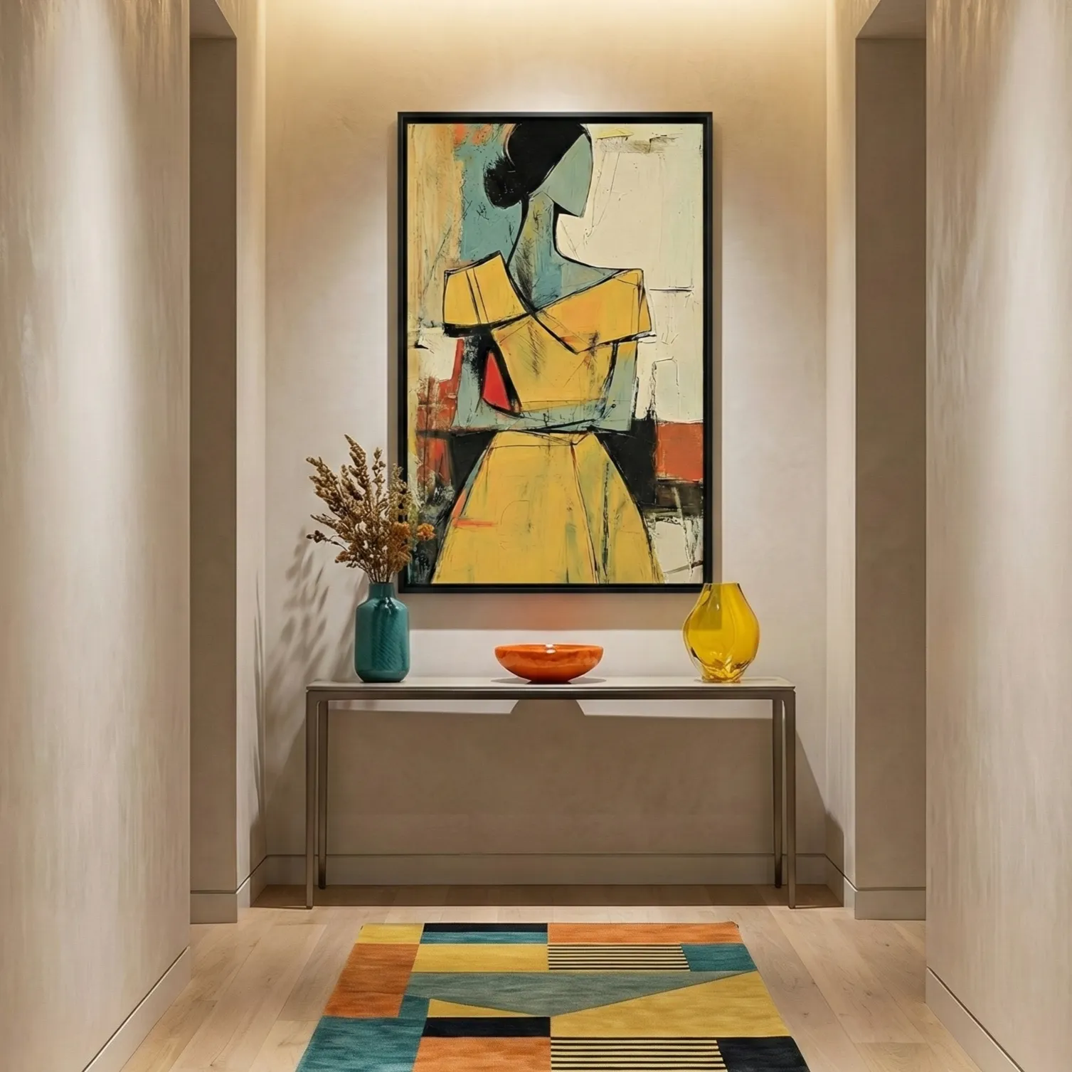 Cubist Ochre Muse Modern textured figurative painting color art (2) Contemporary figurative hand-painted canvas with bold yellow dress and abstracted form in layered earth tones, modern entryway