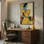 Contemporary figurative hand-painted canvas depicting woman in yellow dress with gestural brushstrokes, muted earth tones, modern office setting