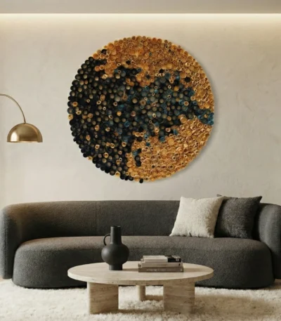 Contemporary abstract hand-painted canvas in layered black, teal, and warm gold circular composition, modern living space