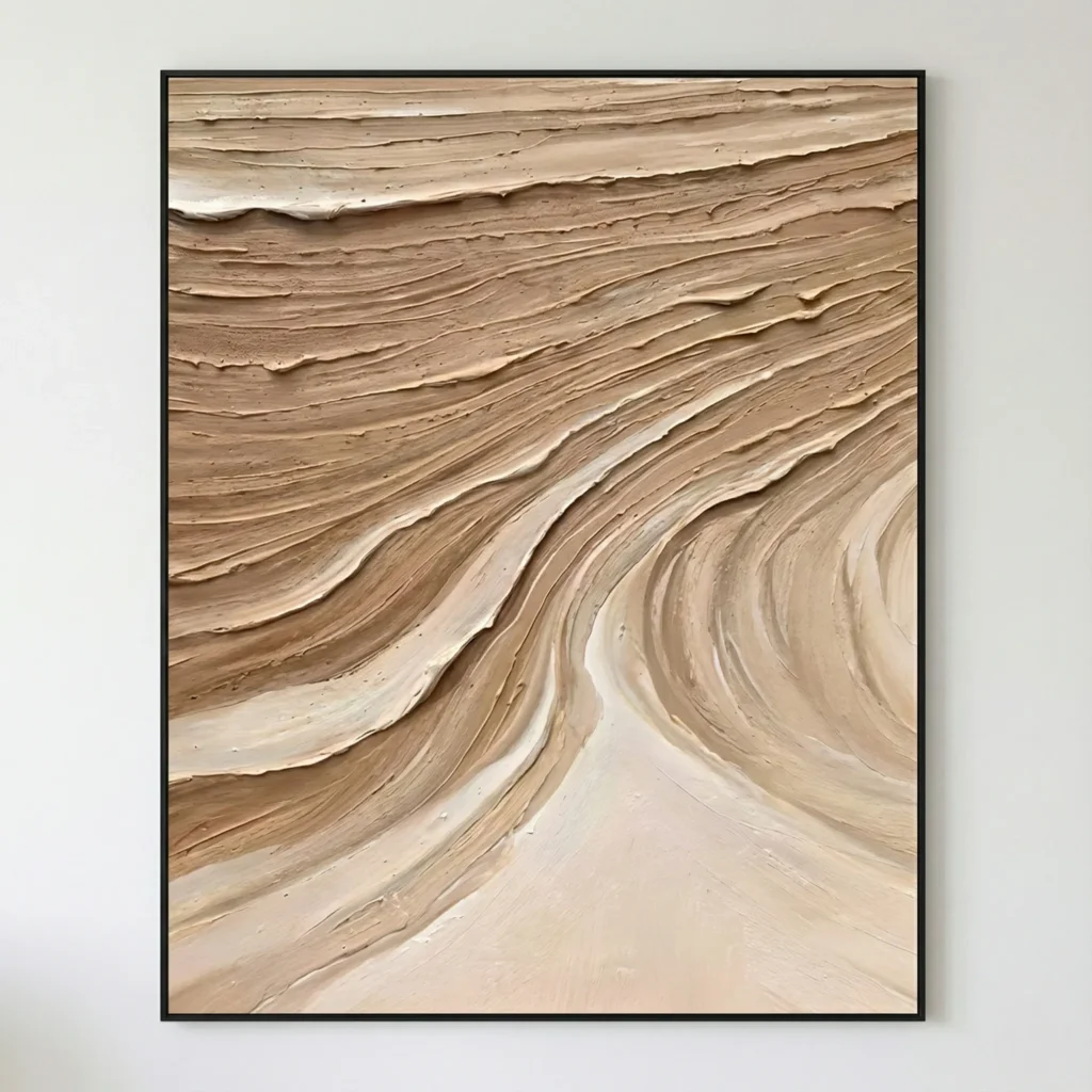 Textured abstract hand-painted canvas with flowing layered brushstrokes in warm sand and taupe tones, contemporary living space