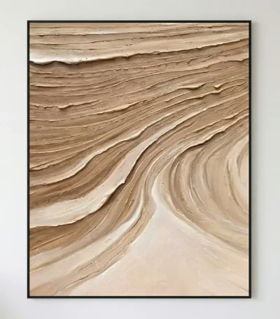 Textured abstract hand-painted canvas with flowing layered brushstrokes in warm sand and taupe tones, contemporary living space