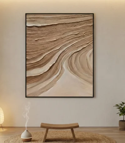 Textured abstract hand-painted canvas in warm earth tones with flowing gestural brushstrokes, contemporary living space