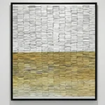 Textured abstract hand-painted canvas with horizontal color blocking in white and golden ochre tones, contemporary wall art