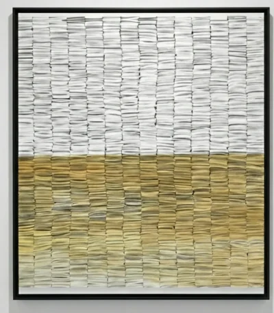Textured abstract hand-painted canvas with horizontal color blocking in white and golden ochre tones, contemporary wall art