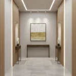 Textured abstract hand-painted canvas in cream and golden ochre horizontal color blocking, contemporary entryway