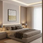 Minimalist abstract hand-painted canvas with divided cream and gold ochre horizontal composition, modern bedroom