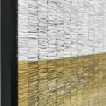 Textured abstract hand-painted canvas with stacked horizontal bands in cream, white, and golden ochre tones
