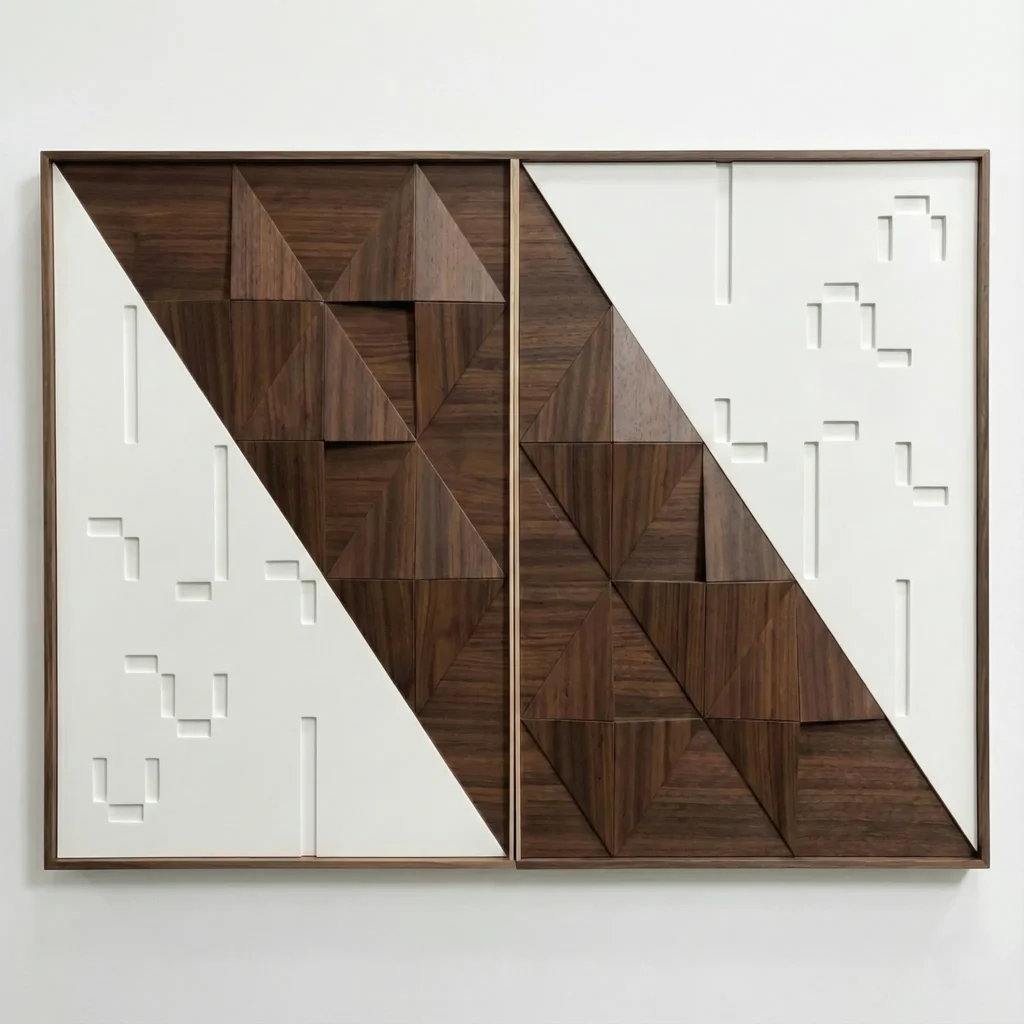 Contemporary hand-painted canvas with geometric wood grain patterns and minimalist white relief details, rich brown tones