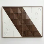 Contemporary hand-painted canvas with geometric wood grain patterns and minimalist white relief details, rich brown tones